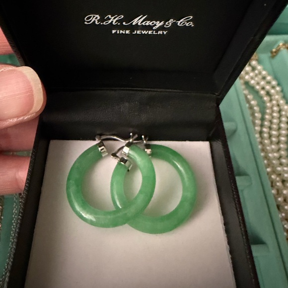 Green Jade Polished Cap Small Hoop Earrings in Sterling Silver 1" - Picture 3 of 4